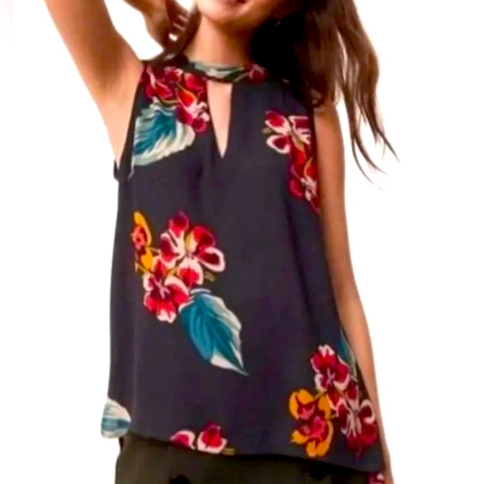 Loft Gray Floral Sleeveless Keyhole Blouse